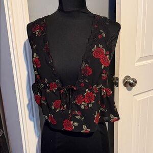 GarageFloral Lace Trim Black and Red Women's Top Size S